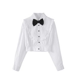 VANOVICH Korean Spring Summer White Bow Shirt Women's Short Doll Collar Office Lady Blouse 210615