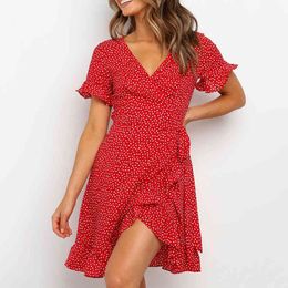Red Sexy V Neck Floral Print Self Tie Wrap Dress Mini Dress Women Boho Ruffle Hem Flare Sleeve Summer Mini Dresses Vestidos X0705