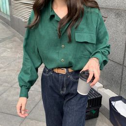 Vintage Fashion Green Cotton Linen Tops Autumn High Street Retro Women Elegant Solid Loose Casual Basic Shirts 210421