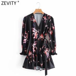 Women Vintage Cross V Neck Printing Lace Up Kimono Mini Dress Female Hem Irregular Ruffles Casual Slim Vestido DS4852 210416