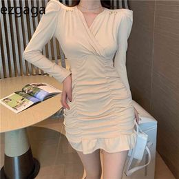 Ezgaga Party Dress Women Spring New V-Neck Long Sleeve Ruvhed Ruffles Elegant Bodycon Dress Solid Sexy Ladies Vestidos 210430