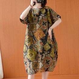 Oversized Women Cotton Linen Casual Dress New Summer Arts Style Vintage Print Loose Female Knee-length Dresses S3480 210412