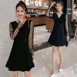 Women's Spring Autumn Dress Korean Style The Retro Solid Color V-neck A-line Slim Hin Short Long Sleeve es LL916 210506