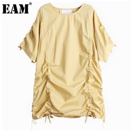 [EAM] Women Black Big Size Casual Drawstring Dress Round Neck Short Sleeve Loose Fit Fashion Spring Summer 1DD8444 21512