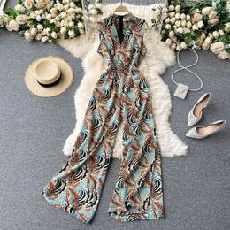 SINGREINY Women Retro Print Tank Rompers Korean Fashion V Neck Sleeveless Jumpsuits Summer Casual Beach Wide Leg Long Rompers 210419