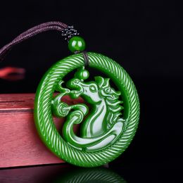 Chinese Xinjiang Green Jade Double side hollow Horse Pendant Hand Carving Necklace Fashion Amulet Luck Gifts Men Sweater Chain