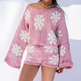 Women's Tracksuits Two Piece Set Women Autumn Winter Casual Long Sleeve Knitted Sweater Top & Shorts Flower Print Sets