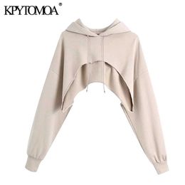 KPYTOMOA Women 2020 Fashion Ribbed Trims Cropped Hoodie Sweatshirt Vintage Long Sleeve Frayed Hem Female Pullovers Chic Tops Y0820