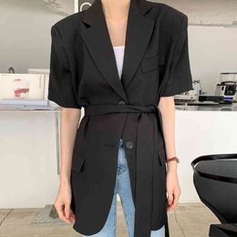 Minimalist Temperament Daliy Black Lapel Two Button Sashes Waist Short Sleeve Suit Coat Women Office Lady 16W1036 210510