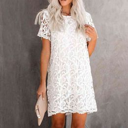 Women Sexy Lace Hollow Out White Dresses Summer Casual O-Neck Short Sleeve Solid Streetwear Party Midi Dress Vestidos Mujer 210416