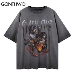 Tees Shirts Distressed Devil Print Tie Dye Tshirts Streetwear Hip Hop Fashion Punk Rock Gothic Casual Short Sleeve Tops 210602