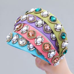 Fashion Flannel Rhinestone Imitation Pearl Geometric Headband for Women Broad Side Precious Head Hair Accessories