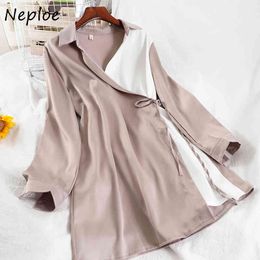 Nepleo Hit Color Patchwork Ol Work Styke Dress Women Turn Down Collar Long Sleeve Vestidos Slim Waist Lace Up Robe Spring 210423