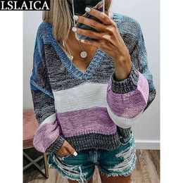 Vintage Striped Patchwork Pullovers Woman Sweaters Autumn Casual Long Sleeve V Neck Female Fashion Knitted Sweater Plus Size 210515