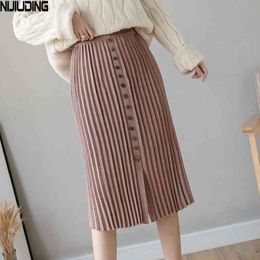 Aututmn Pleated A-Line Skirts Women's Vintage Single-breasted Knitted Elastic High Waist Split Female 210514