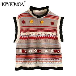 Women Fashion Flower-shaped Texture Knitted Vest Sweater O Neck Sleeveless Female Waistcoat Chic Tops 210420