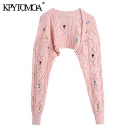 Women Sweet Fashion Floral Embroidery Arm Warmers Knitted Sweaters Long Sleeve Female Outerwear Chic Tops 210420