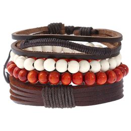 Leather Rope Handmade Braided Multilayer Wooden Beaded Charm Bracelets Set For Men Women Punk Adjustable Bangle Fashion Jewellery