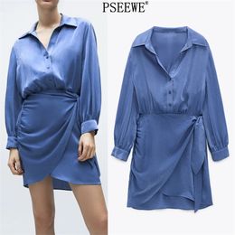 Spring Blue Mini Satin Dress Women Elegant Knot Long Sleeve Woman Fashion Elastic Waist Casual es 210519