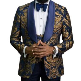 Handsome Navy With Gold Paisley Groom Tuxedos Men's Evening Dress Toast Suit Party Blazer Clothes (Jacket+Pants+Vest+Tie) NO:088