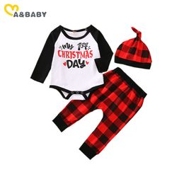 0-24M My 1st Christmas born Baby Boy Clothes Set Infant Letter Romper Red Plaid Pants Hat Xmas outfits 210515