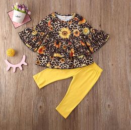 Toddler Baby Girl Clothing Sets Leopard Sunflower Print Flare Ruffle Tops Solid Colour Long Pants 2Pcs Outfits Set