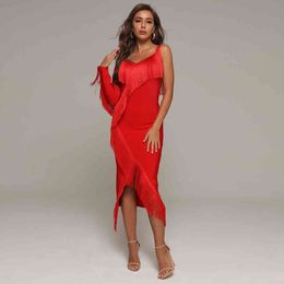 Summer Women Red Tassel Bodycon Bandage Dress Sexy Spaghetti Strap Midi Club Celebrity Runway Party Vestido 210423