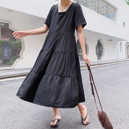 Johnature Solid Colour Summer Dress Short Sleeve Casual Mid-calf Length Clothes Square Collar Loose Lace Women Dress 210521