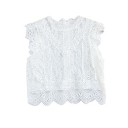 White Lace Solid Stand Collar Sleeveless Tank Chic Top Women B0092 210514
