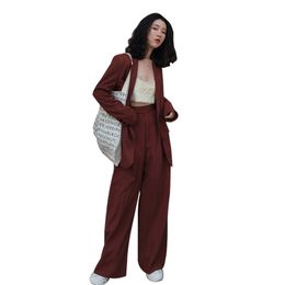 2 Piece Suits Wide Leg Trouser Women Plus Size Black Formal Pants Full-Length Loose Office Wear Blazer Red 210601