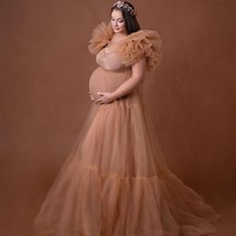 Plus Size Pregnant Women's Prom Dresses 2022 V Neck Maternity Long Robes for Photo Shoot Ruffles Cap Sleeve Evening Gowns