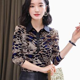 Lace Chiffon Shirt Women's Shirts Leopard Blusas Mujer De Moda Doll Collar Long-Sleeved Women Top 880i 210420
