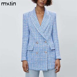 Women's Vintage Plaid Double Breasted Tweed Blazers Coat Women Elegant Office Ladies Long Sleeve Female Outerwear Blaser 210930