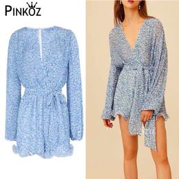 summer chiffon blue floral printed v-neck long sleeve ruffles playsuit women beach holiday casual wear lady clothes sashe 210421