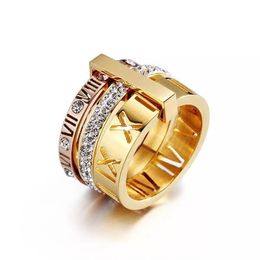 Luxury Stainless Steel Gold Jewellery Dazzling Women Finger Decor Gift Shining Zircon DIY Arabic Numerals Rose Gold Three Ring Set X0715