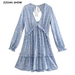 Retro Blue White Leopard Print Women Dress Elegant Deep V neck Spliced Wood ears Ruffles Long sleeve Mini Dresses Holiday 210429