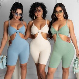 Sleeveless Patchwork Sexy Playsuits Women Summer Fashion Strap Hollow Out Backless Stretchy Romper Female Bodycon Short Jumpsuit 210412