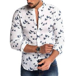 Bird Shirts Men Long Sleeve Casual Stand Collar Mens Shirt Spring Autumn Business Work Chemise Homme Wedding Print Dress Camisas 210524