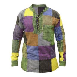 Men's T-Shirts Men Shirt Patchwork Lace Up Vintage Colourful Long Sleeve Autumn Top For Daily Wear