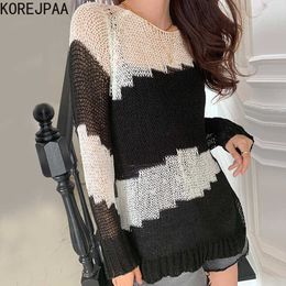Korejpaa Women Shirt Korea Chic Summer Fashion O-neck Loose Wild Long Sleeve Bottoming Hollow Thin Sweater Top Female 210526