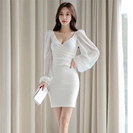 spring and autumn Korean fashion temperament was thin v-neck package hip dress ladies 210416
