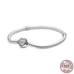 925 Sterling Silver Sparkling Heart Clasp Snake Chain Bracelet Women Original DIY Charm Beads Jewellery