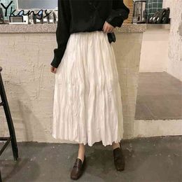 Summer White Black pleated skirts womens high waist Boho Beach long Female OL Solid satin Wild midi streetwear 210421