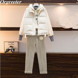 three piece coat pant Australia - Winter Warm Trousers Suits Tracksuit Parka Vest Coat Hooded Sweatershirt Top And Woolen Pant Three Piece Set Women Clothing 211216