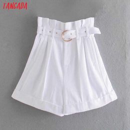 Tangada Women High Waist White Wide Leg Shorts with Belt Zipper Pockets Female Retro Casual Shorts Pantalones 4N75 210609
