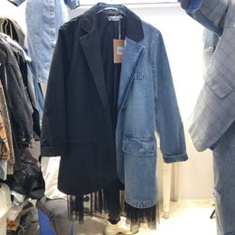 Spring Streetwear Loose Women Jacket Korea Mesh Patchwork Denim Design Long Female Suits Outwear Black Blazer 210510