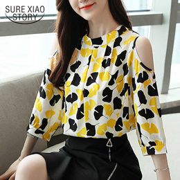 Chiffon Shirt Female Print Dew Shoulder Short Sleeve Womens Tops Printing Soft Loose O-neck Chiffon Blouse 4785 50 210527