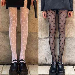Women Sexy Lace Pantyhose Sweet Love Heart Pattern Jacquard Tights Gothic Punk Lolita Hollow Out Fishnet Mesh Stockings Y1130