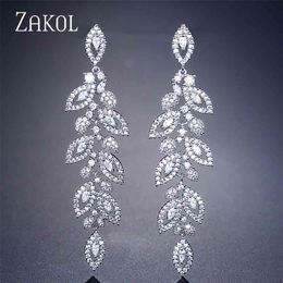 ZAKOL Fashion Korean CZ Leaf Wedding Jewellery Marquise AAA Cubic Zirconia Long Drop Bridal Earrings For Elegant Women FSEP2144 210706