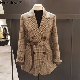 Mozuleva Korean Plaid Women Work Blazer Jacket Casual Double-breasted Sashes Suit Female Slim Outwear 211006